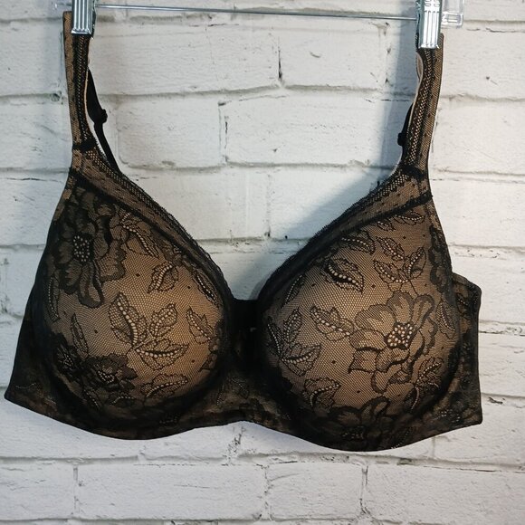WOMENS LANE BRYANT CACIQUE  NUDE BLACK OVERLAY MESH BACK STRAP BRA 46DD - Picture 1 of 10